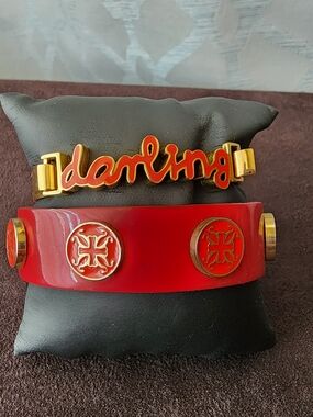 Rustic Cuff Red Medallion Cuff & Gold Darling Script Stack Set